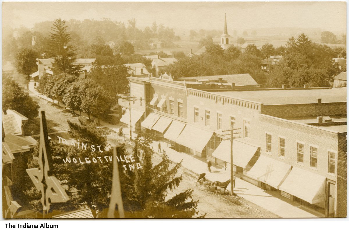 Bird's-eye view of Main Street businesses, Wolcottville, Indiana, circa 1910